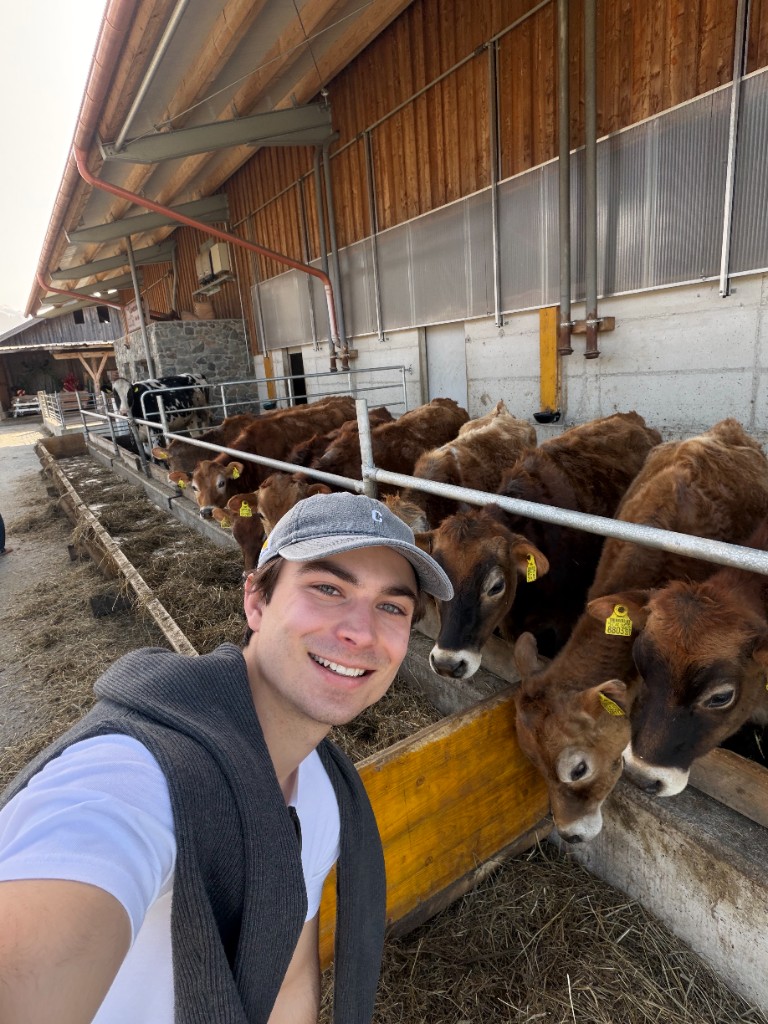 Constantin smiling at a cattle farm, cows in the background